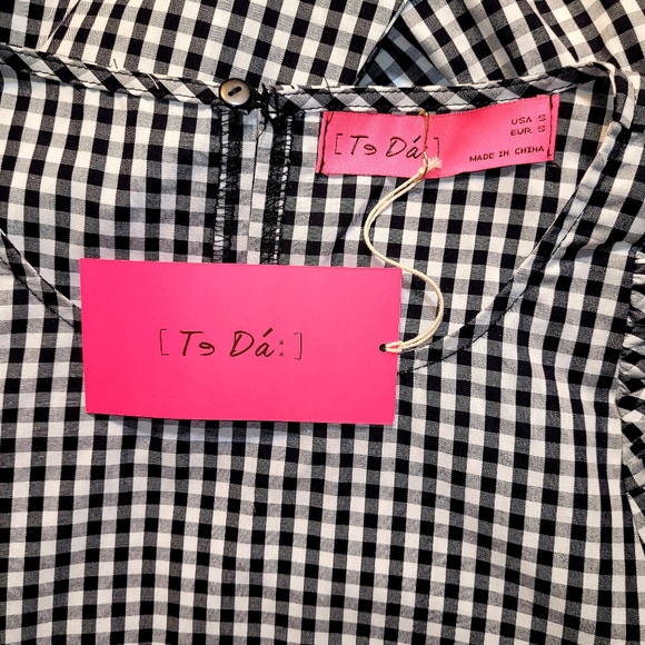 NWT SMALL TE DA" COTTON CROPPED TOP BOHIEMAN GINGHAM CHECKED BELL SLEAVES B/W - Picture 5 of 8